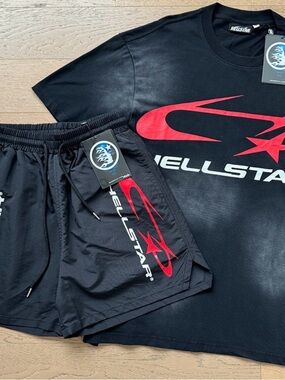 Hellstar Men’s Black Athletic Shorts with Red Logo